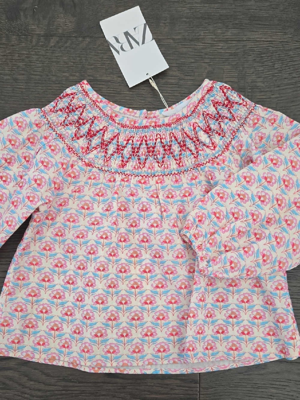 NWT Zara Smocked Floral Toddler Blouse in Pink & Blue